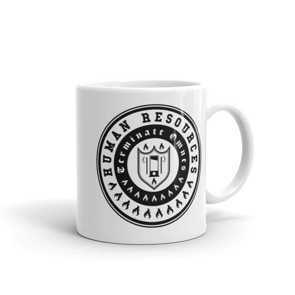 A white mug with the Human Resources seal in black. This seal is on both sides of the mug.
