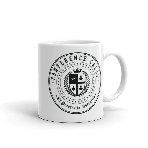 A white mug with the Conference Call seal emblazoned on it. This seal is on both sides of the mug and is black