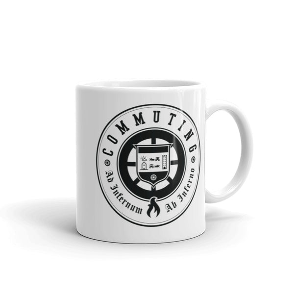 A white mug emblazoned with the Commuting seal